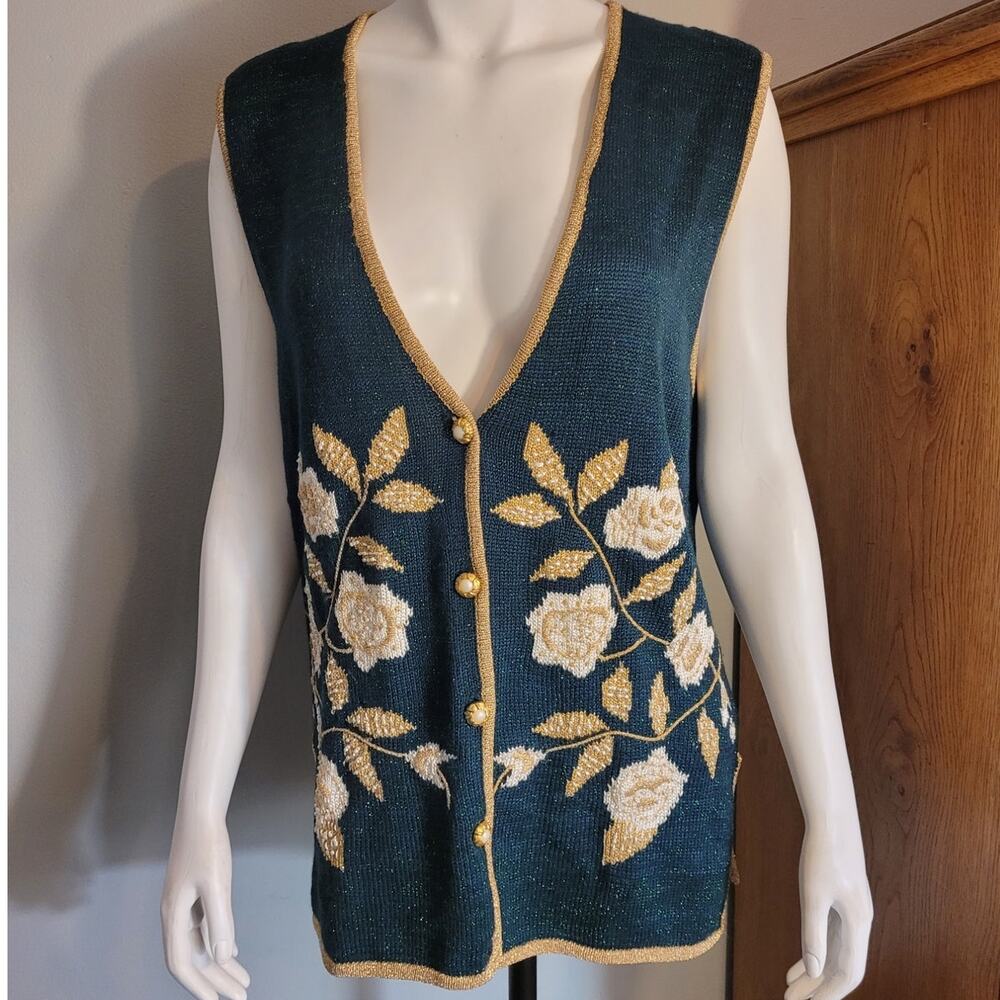 Vintage 90s Floral Sweater Vest Green Gold Metallic Boho Grandma Core Medium